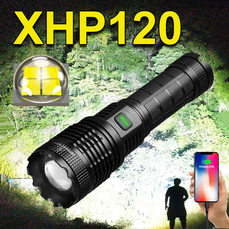 

Новый самый мощный яркий светодиодный фонарик XHP120, перезаряжаемый светодиодный фонарик светильник hp90, высокомощный тактический фонарь 18650,...