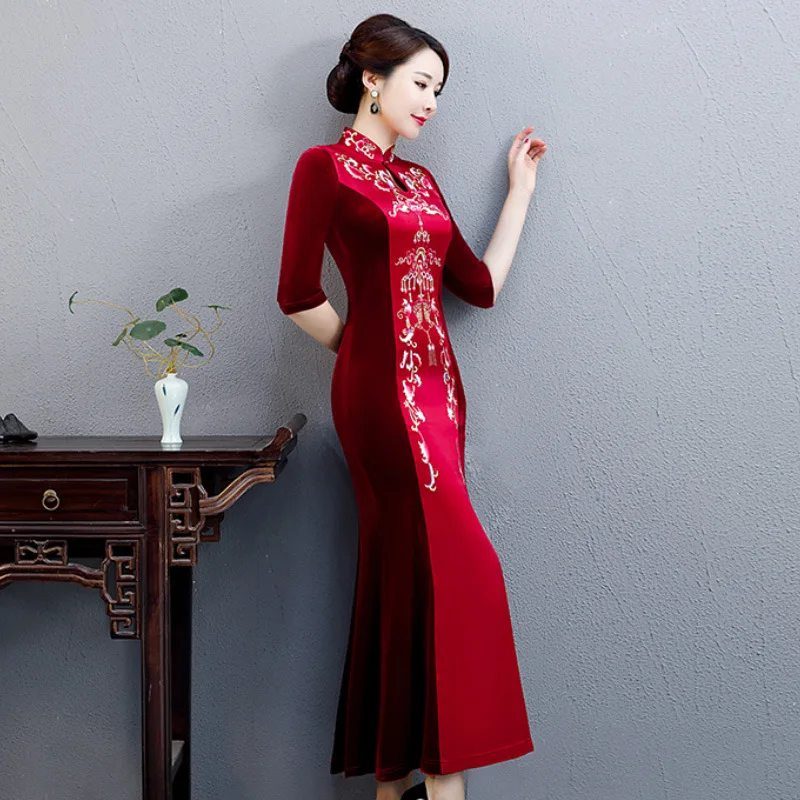 Новое Осеннее банкетное платье улучшенная юбка Чонсам рыбий хвост длинное