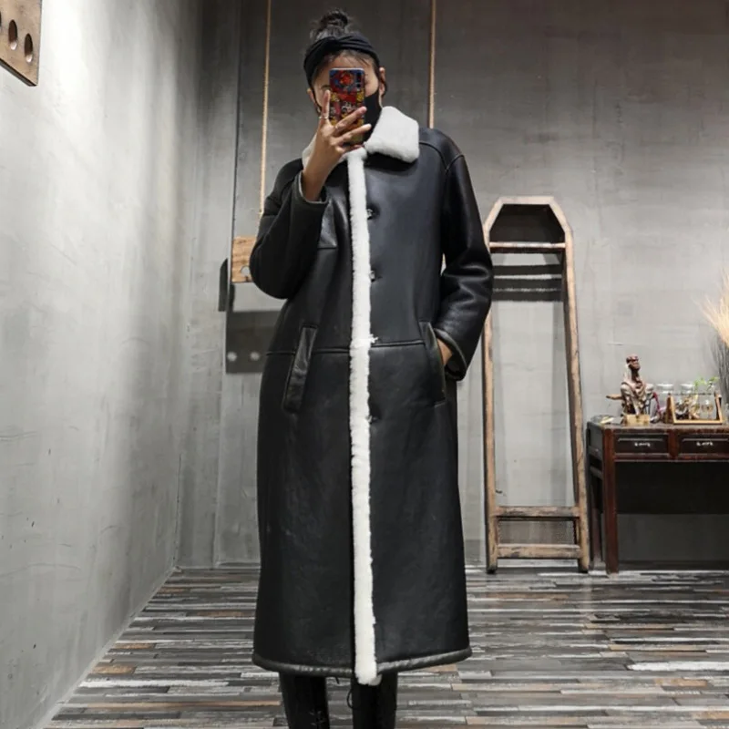 Sheepskin all-in-one jacket women's mid-length over-the-knee shearing wool jacket high-end 2020 new Spanish women's leather