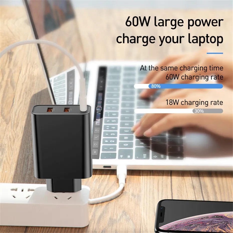Baseus 3 порта USB PD зарядное устройство 60 Вт для iPhone 11 Pro Xs Max XR быстрое зарядное устройство для телефона Quick Charge 4,0 3,0 FCP SCP для Xiaomi huawei