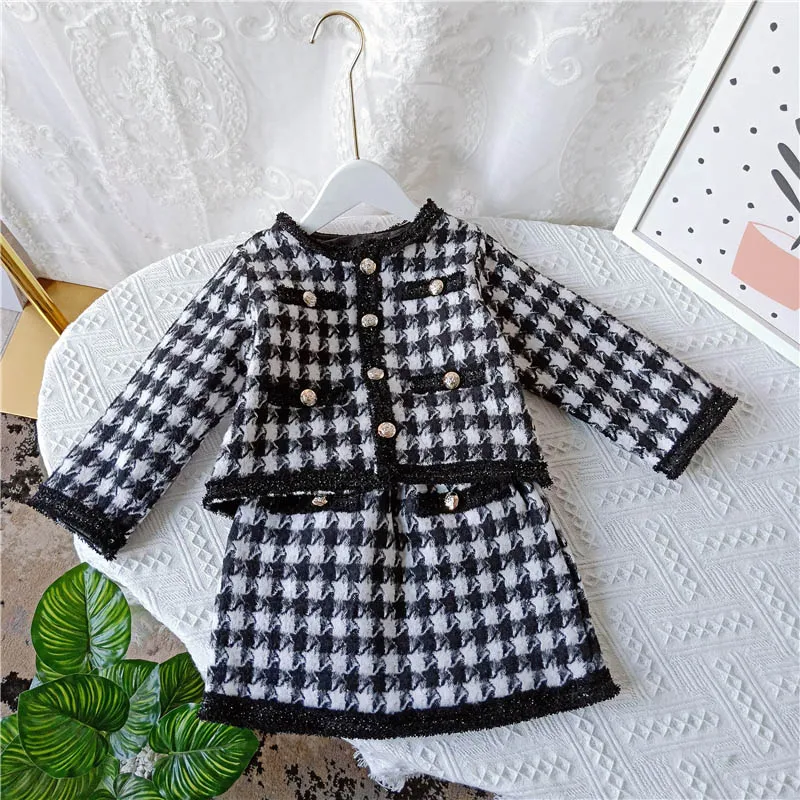 Комплект одежды для девочек VFOCHI Осенний жакет с рисунком гусиные лапки + штаны