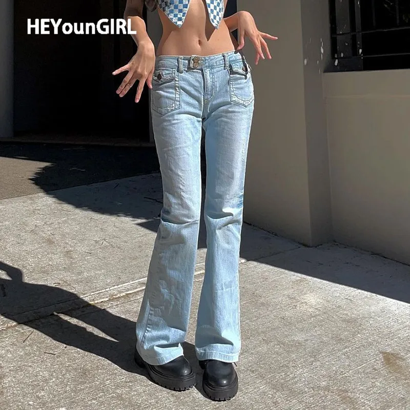 

Винтажные элегантные узкие джинсы HEYounGIRL с низкой посадкой, повседневные синие женские джинсовые брюки, модные милые штаны в стиле 1920-х годо...