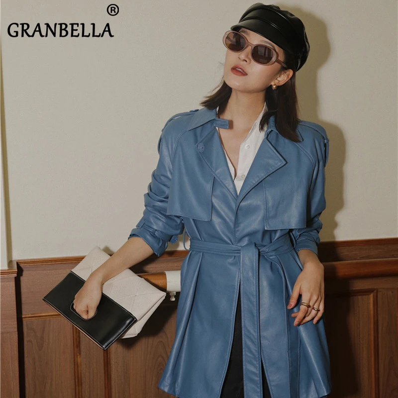 

Куртка и пальто из мягкой искусственной кожи для женщин, винтажный облегающий кардиган с поясом, Офисная элегантная Весенняя верхняя одежд...