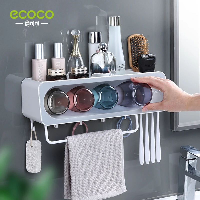 ecoco new arrive wall mount toothbrush holder automatic toothpaste squeezer dispenser set bathroom accessories organizer rack free global shipping