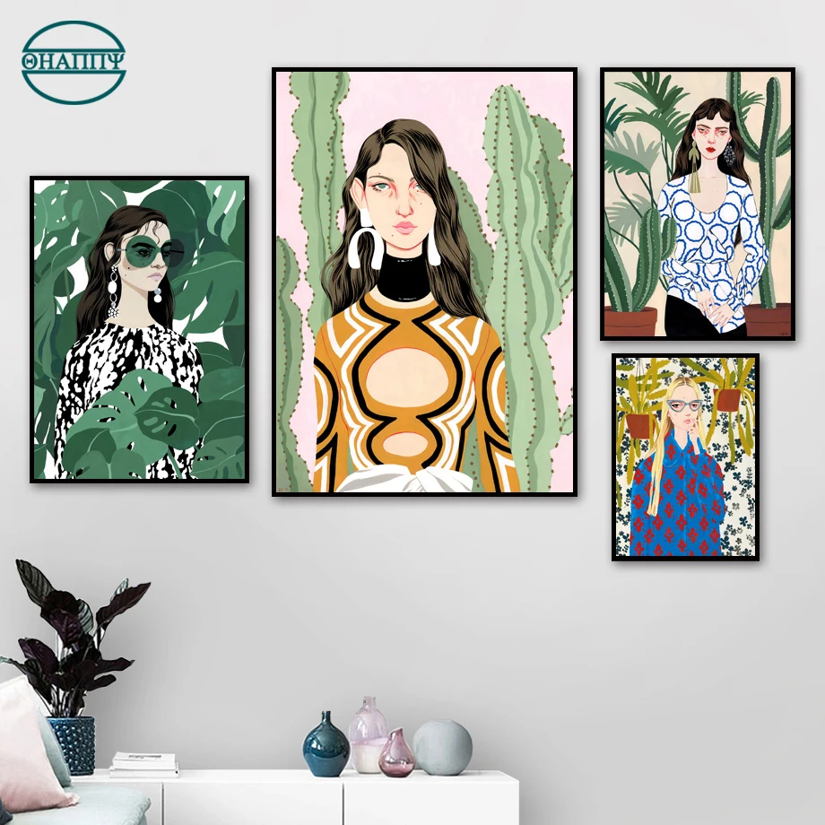 

Girl Fashion Glasses Earrings Plant Wall Art Painting Posters And Prints Wall Pictures For Living Room Decor Unframed