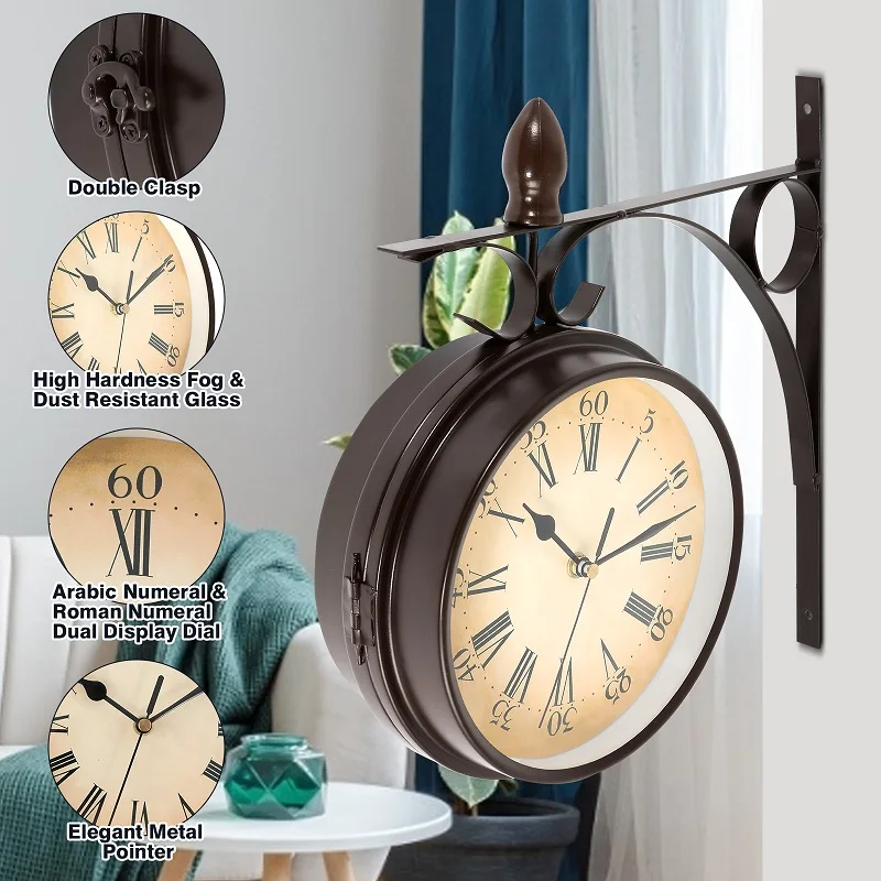 

8.7'' Unique Style Clock Iron Wall Clock Double-Sided Clock Quiet Vintage Clock Battery Powered Wall Hanging Clock Home Bedroom