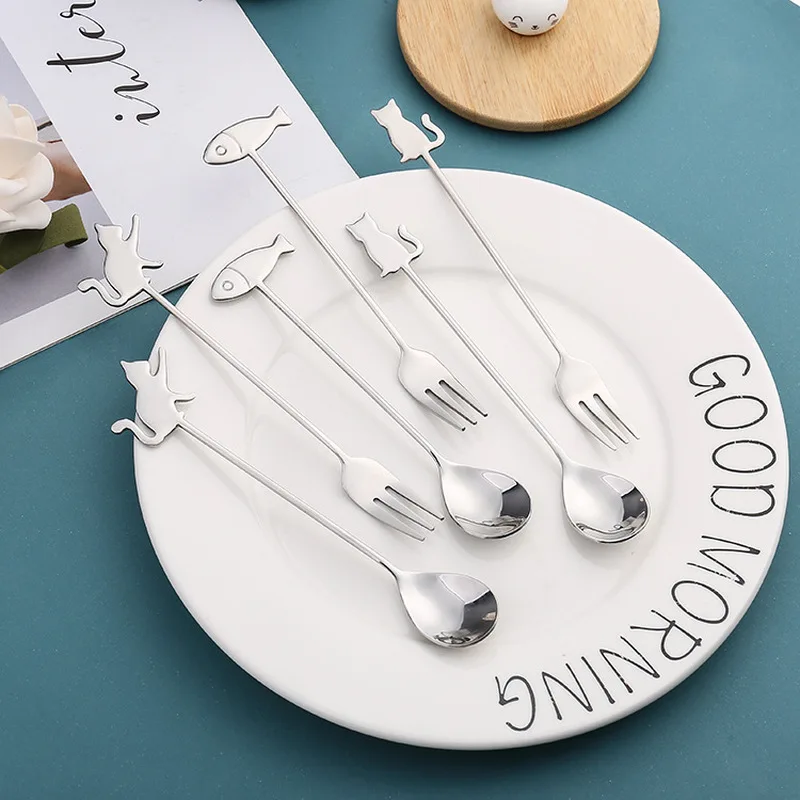 Японский Стиль с рисунком кота и рыбки ложка для размешивания Кофе Милые десерт