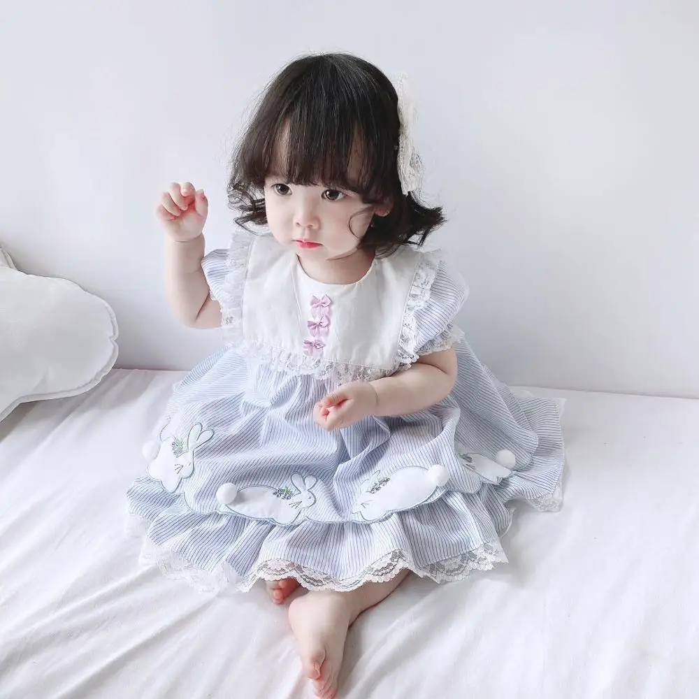 0-7Y BaBy Girl Rabbit Embroidery Vintage Spanish Pompom Gown Dress Lace Lolita Dress Princess Dress for Girl Birthday Party