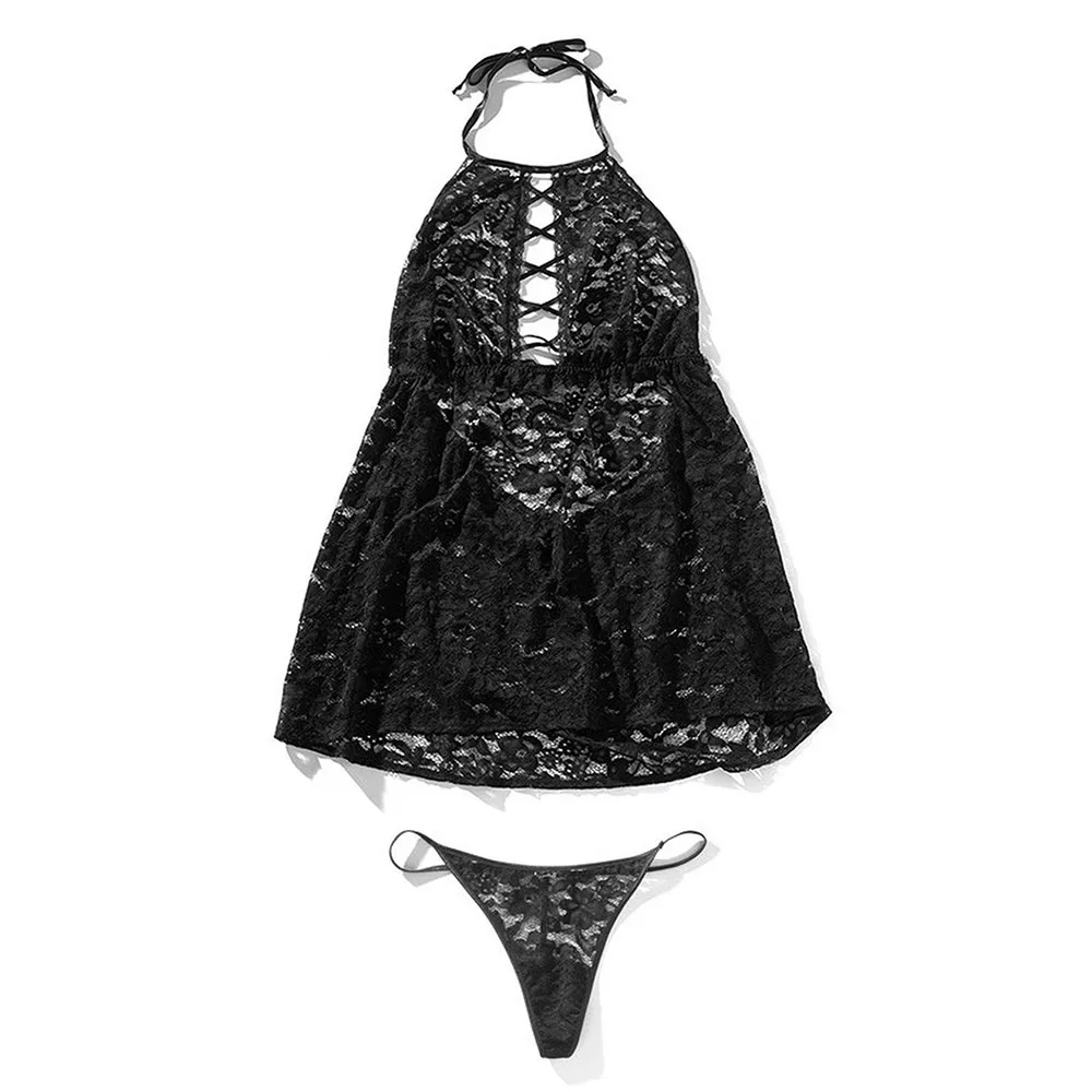 

Plus Size Woman Black Crisscross Floral Lace Lingerie Nightgowns + Thong 2 Pieces Sets Backless Halterneck Nightdress