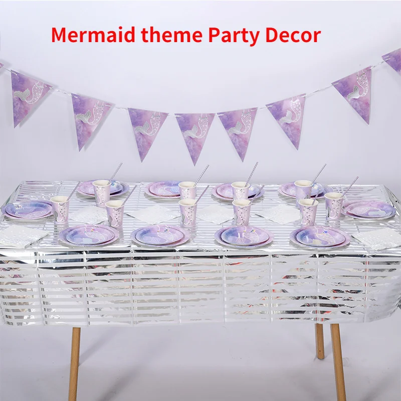 

Cute Mermaid Tail theme Birthday Party Decor Iridescent Banner Plates Cups Cutlery Napkins Balloons Supplies Net Pink Tablecloth