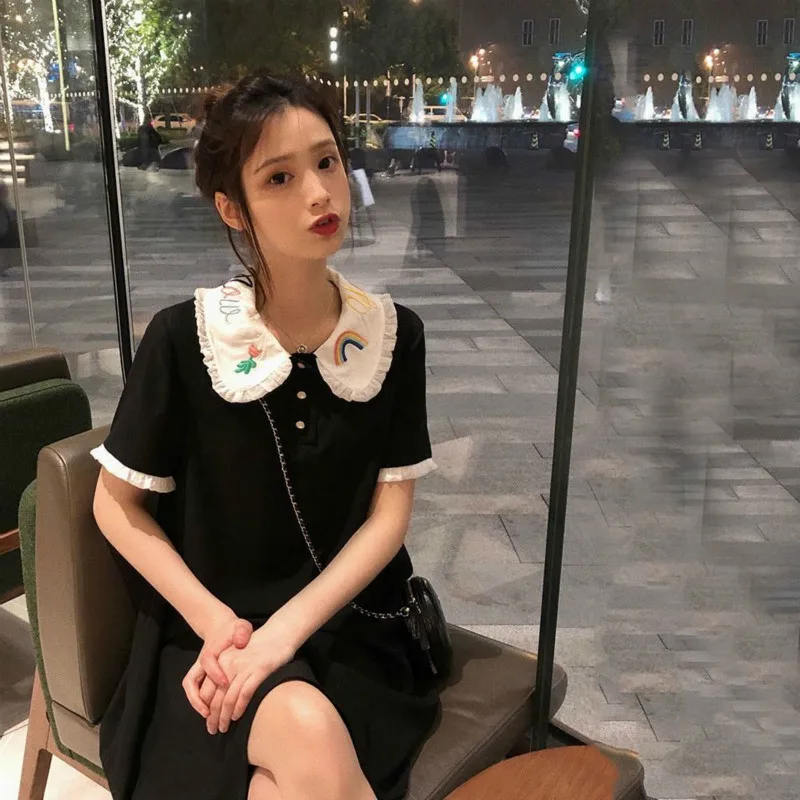 Модная футболка платье для женщин лето 2019 вышивка поло Прямая рубашка платья