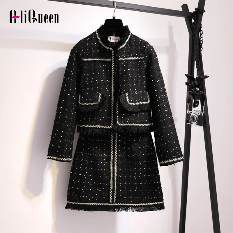 Офисный Женский комплект из 2 предметов, женская зимняя одежда, спортивные костюмы, комплект из черного велюра, в клетку, с кисточками, твидовый комплект размера плюс, комплекты с юбкой, осень