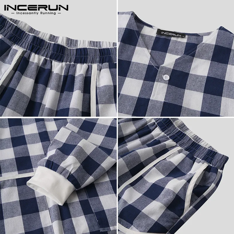 

Men Plaid Pajamas Sets Homewear Long SLeeve V Neck Nightwear Pockets Long Pants Casual Cozy Mens Sleepwear Suits INCERUN S-5XL