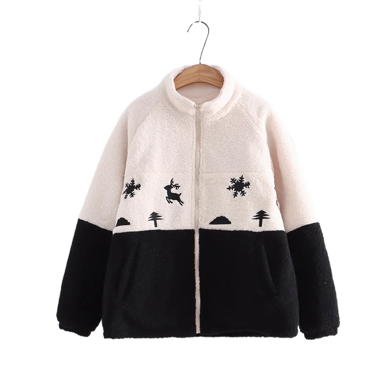 

Women Wool & Blends Jackets Coats Coats Snowflake Embroidery Harajuku Outerwear 2021 Winter Long Sleeve Wam Zipper Cute Tops
