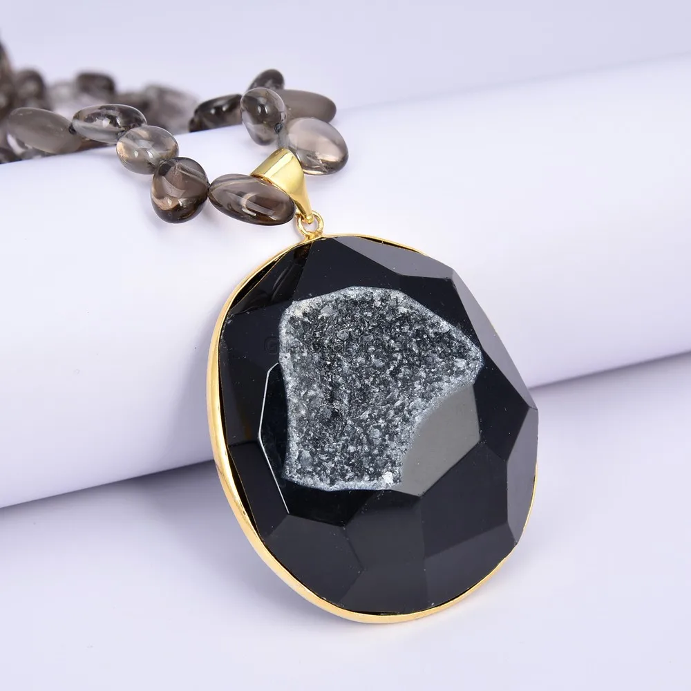 

GG Jewelry Hand-Made 3 Strands Smoky Quartz Crystal Black Agate Pendant Necklace