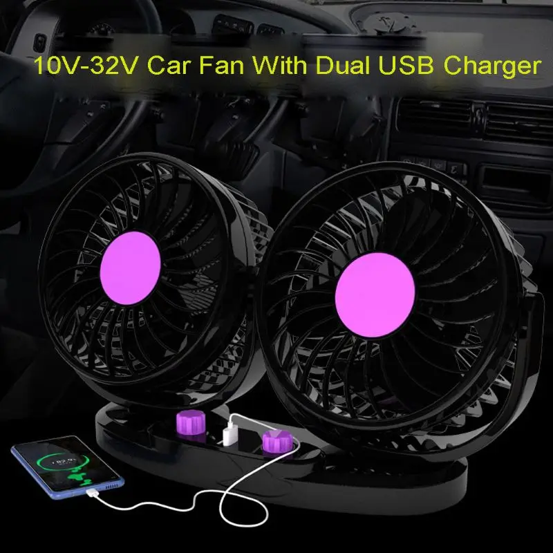 

12V 24V Cooling Air Car Fan Powerful Dashboard 360 Degree Rotatable 2 Speed Fan with Dual USB Charger for Car Truck Vehicle