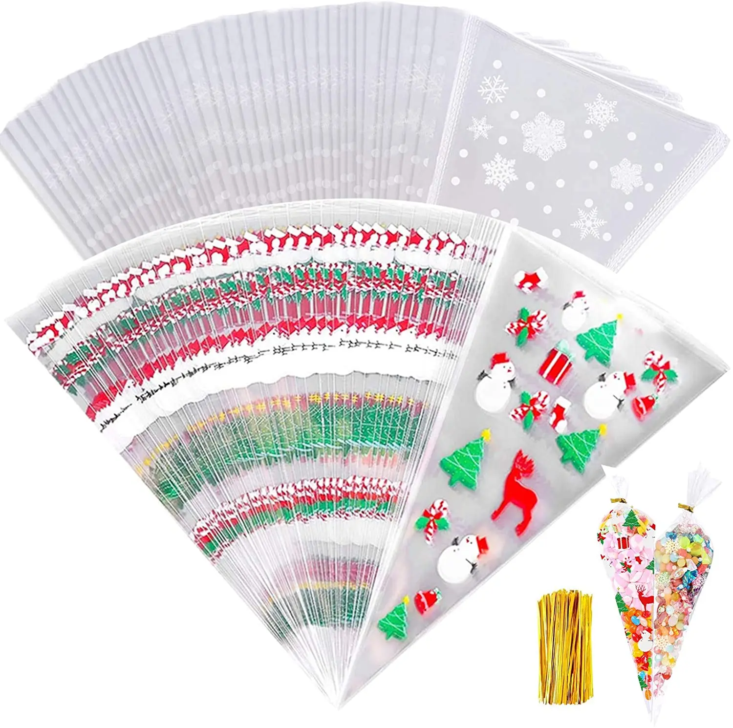 

METABLE 200 Snowflakes And Snowman Pattern Christmas Cone Cellophane Bags Plus 200 Golden Ties, Suitable For Winte Party