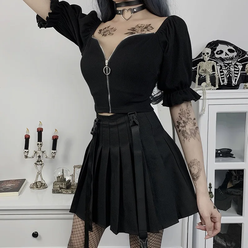 

Женская футболка на молнии, с квадратным вырезом и пышными рукавами