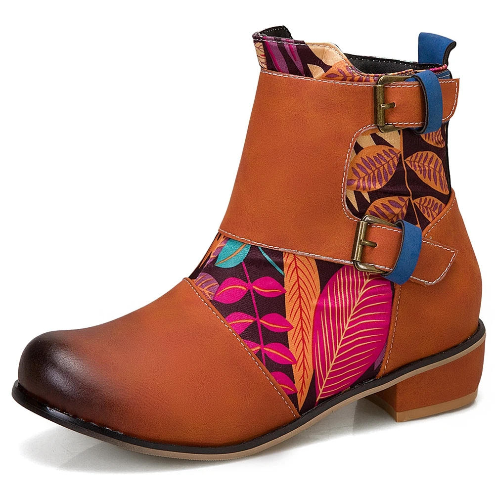 

SaraIris Zipper Flower Med Heel Boots Women Casual Daily Round Toe Boots Ladies Retro Mixed Color Buckle Winter Shoes