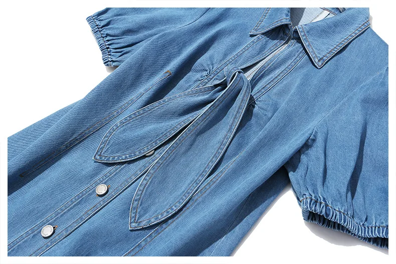 Для женщин джинсовая рубашка летнее платье с бантом Высокая Талия Джинсовая