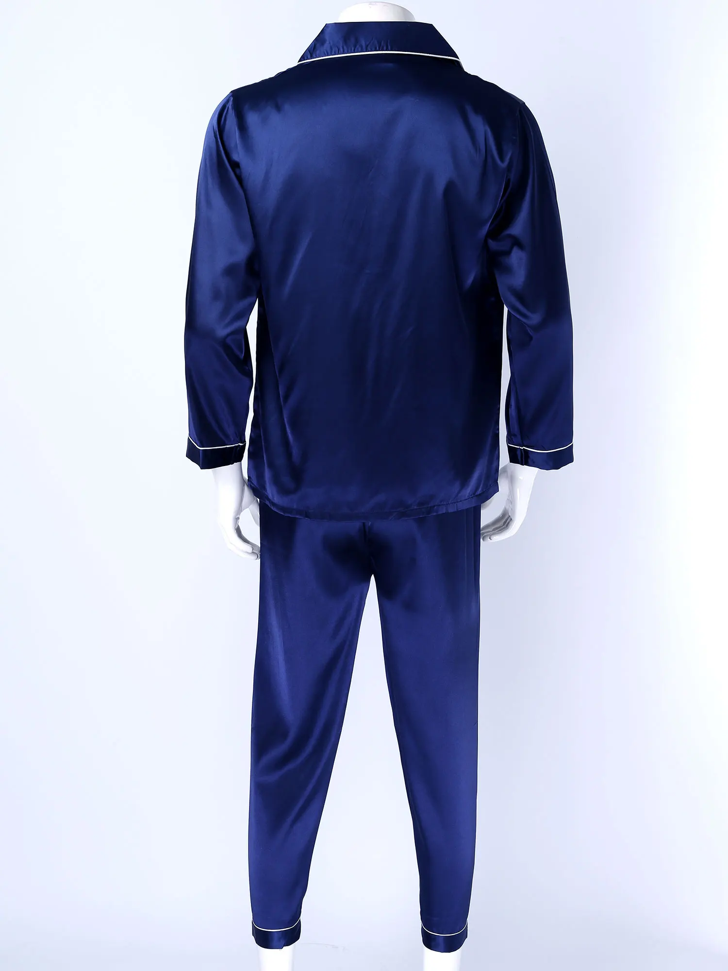 

Men Male Elegant Satin Sleepwear Two-Piece Nightwear Leisure Wear Notched Collar Pocket Button Tops with Long Pants