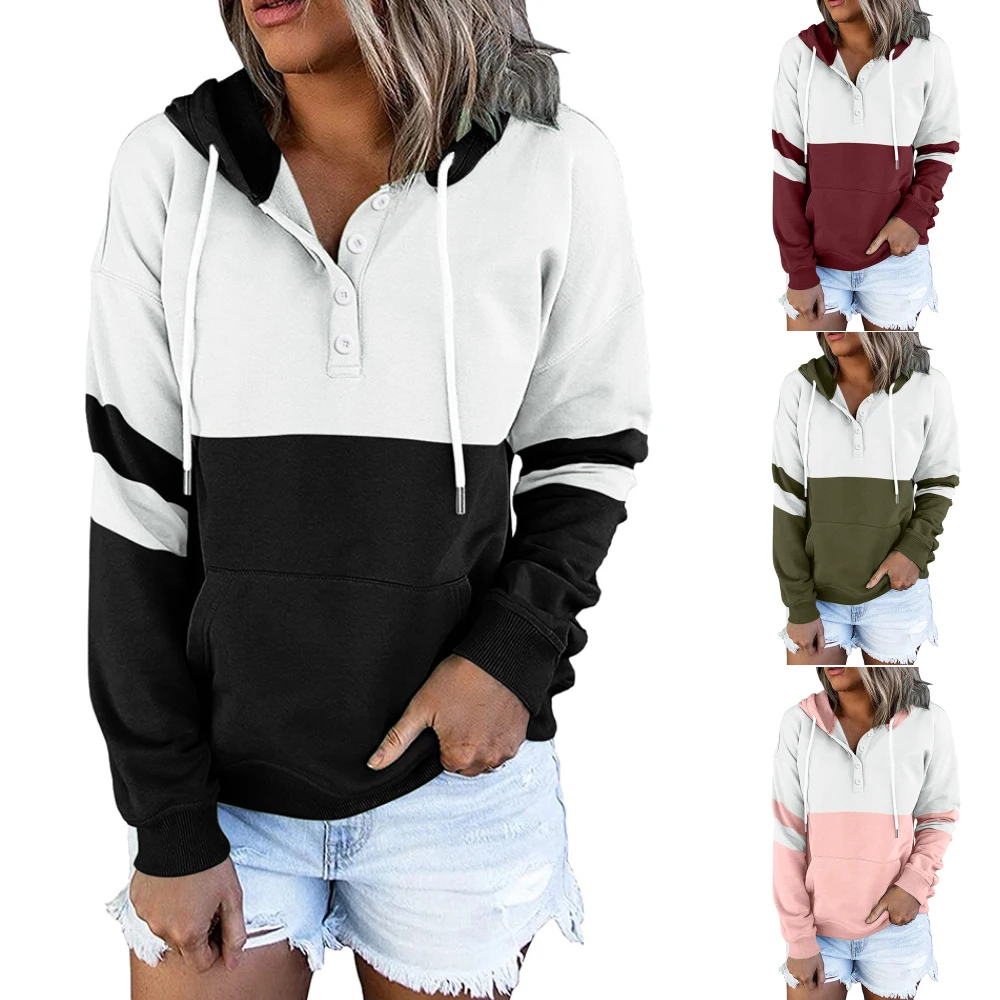 

Women Casual Sweatshirt Colourblock Drawstring Thick Button Hooded Casual Warm Jumper Sudaderas Winter Autumn Fashion Tops