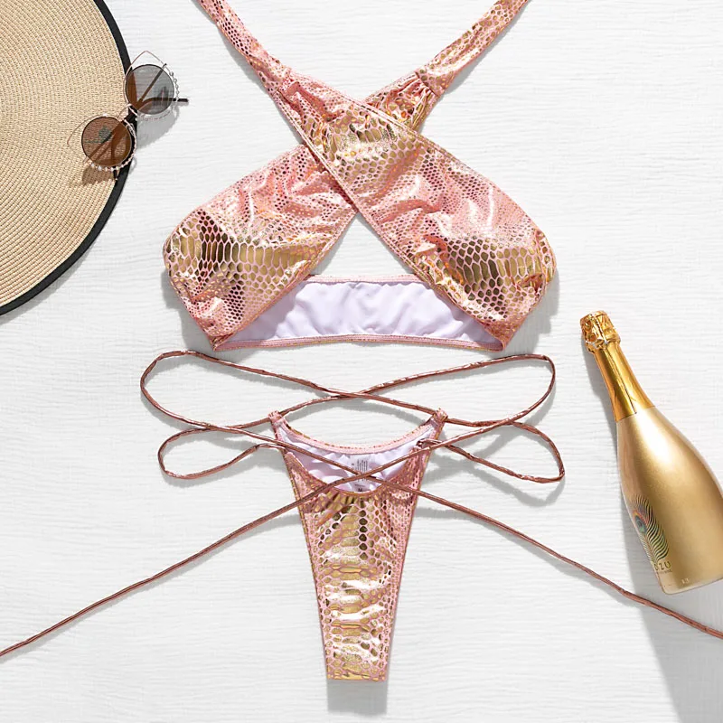 

Sexy bandage bathing suit women swimwear 2020 New hollow out bikini set High cut woman swimsuit female two piece shiny biquinis