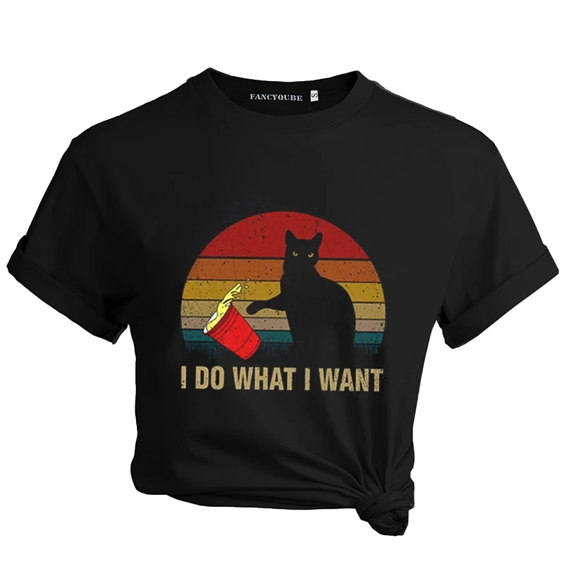 Милая кошка I Do What I Want винтажная женская футболка женская мужская футболка с длинными рукавами топы с круглым вырезом и коротким рукавом