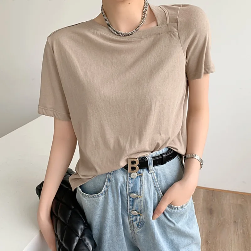 

Новинка 2021, женская летняя футболка, однотонная Базовая корейская модная Асимметричная женская футболка, Короткие топы U312