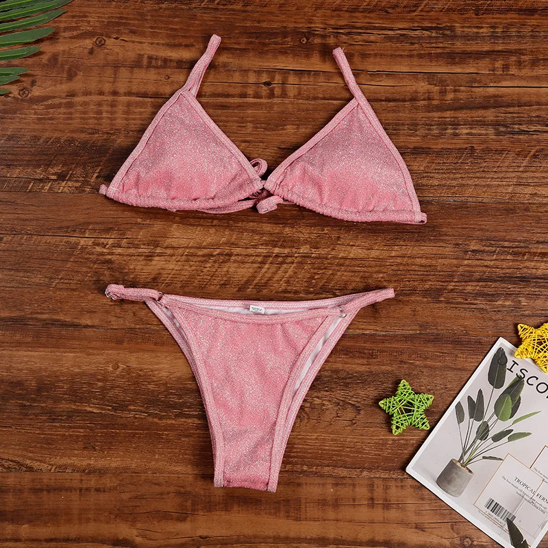

Pink Micro Shiny Bikinis 2021 Women's Swimsuit Mini Triangle Vintage Swimwear Sexy Bikini Set Summer Beachwear Bathing Suit