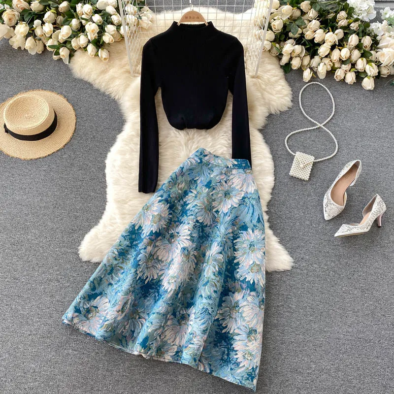 

Women's Autumn Winter Runway Fashion Knitted Top Jacquard Skirt 2 pcs Dress Female Chic Travel Party Dress TB2101