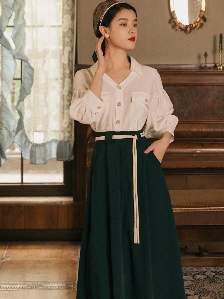 

2022 chinese vintage style suit elegant women French style versatile shirt high waist skirt two piece professional daily suit