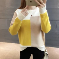women color block pullover sweater autumn winter new fashion large size round neck knitted tops female long sleeve jumper s 2xl