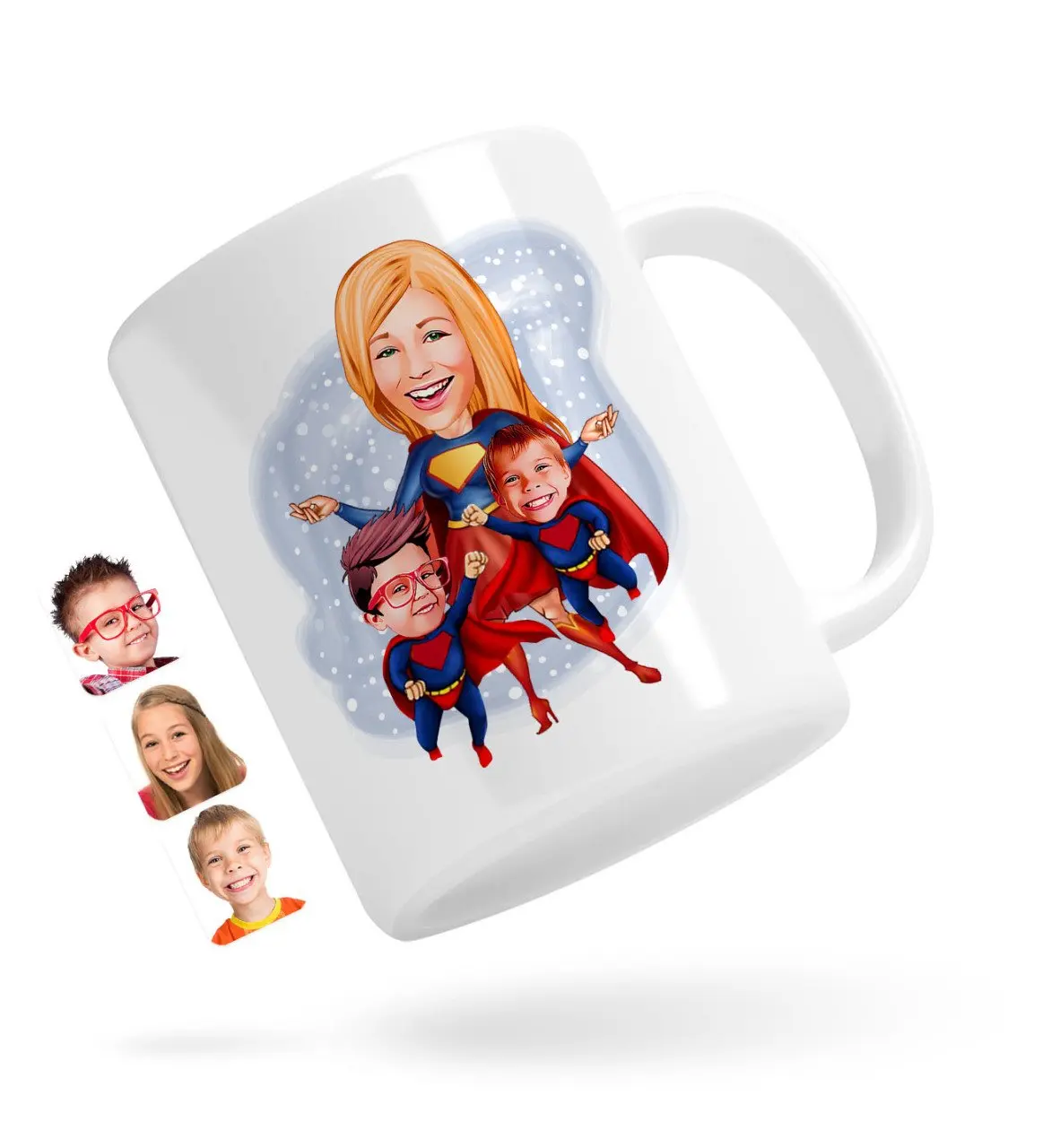 

Персонализированная супер мама и супер дети карикатура белая кружка