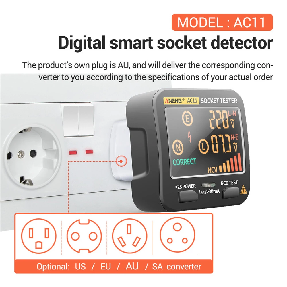 

ANENG AC11 Socket Tester Electric Leakage Detector Ground Wire Zero Line Live Wire Phase Electrical Electroscope RCD NCV Tester