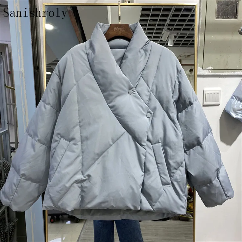 

Oblique Collar Warm Thicken White Duck Down Coat Autumn Winter Women Short Bread Jacket Female Fashion Casual Oversize Parkas