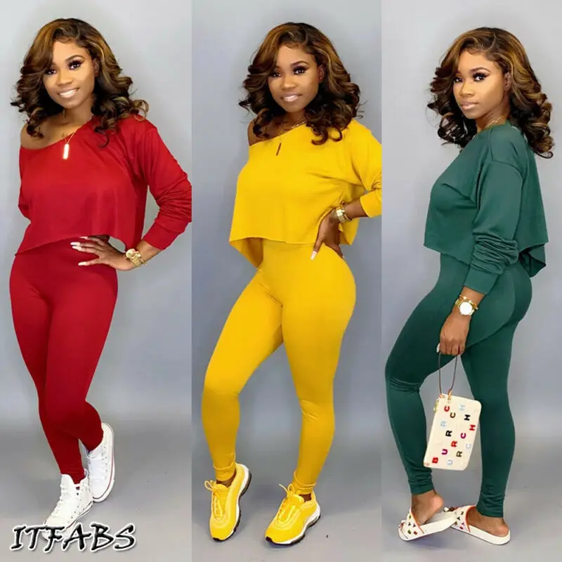 

Running Set 2Pcs Women Sportswear Spandex Solid Loose Crop Long Sleeve Pullover Sports Top + Long Pants two piece set