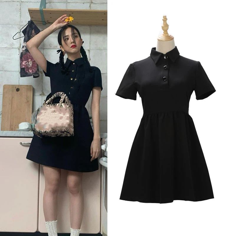 

Женское элегантное однотонное платье Kpop в Корейском стиле, с коротким рукавом, на пуговицах, модное вечернее платье с лацканами и оборками, ...