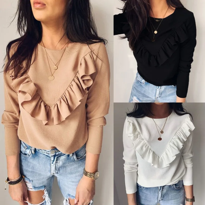 

2022 Spring Summer New Fashion Women's T-shirt Office Lady Loose Clothes Solid Ruffle Shirt Solid O-neck Long Sleeve Tops 18380