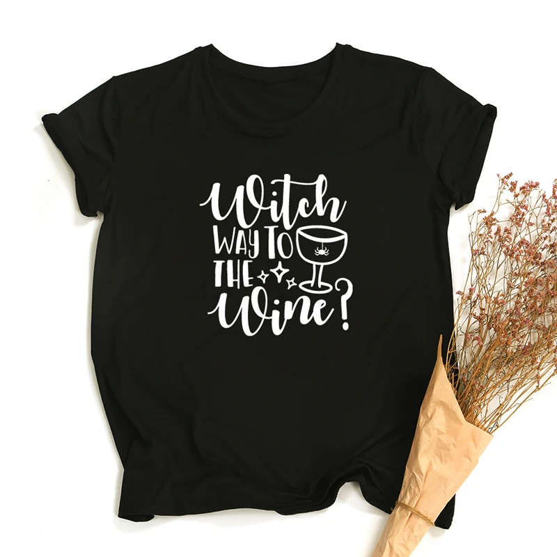 

Witch Way To The Wine Print Women T-shirts Summer Short Sleeve Lady T-shirt Graphic Aesthetic Black O Neck Woman Tees Tshirt