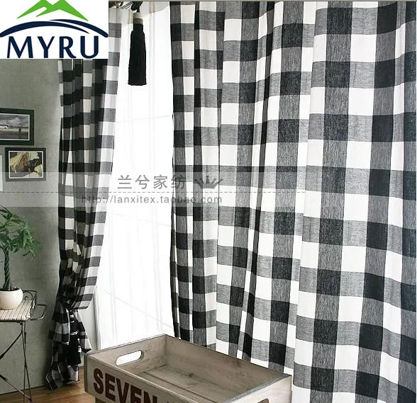 MYRU Black and white plaid window curtain semi shade cloth curtain for bedroom and living room