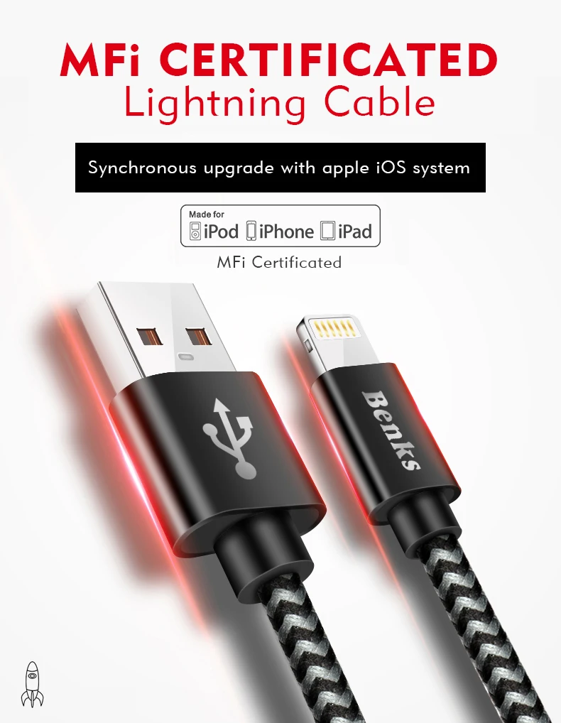 Benks MFi кабель Lightning для iphone 5, 5S, 6, 7, 8 Plus, X, XS, MAX, XR, 2,4 A, кабель для быстрой зарядки для iphone 11 Pro, MAX, ipad, mini, зарядка