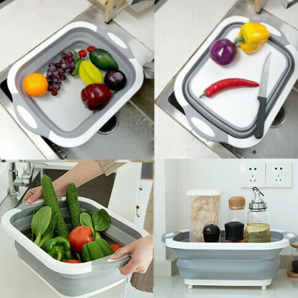 New Chopping Board Folding Drain Basket Vegetable Fruit Washing Holder Basin Tool