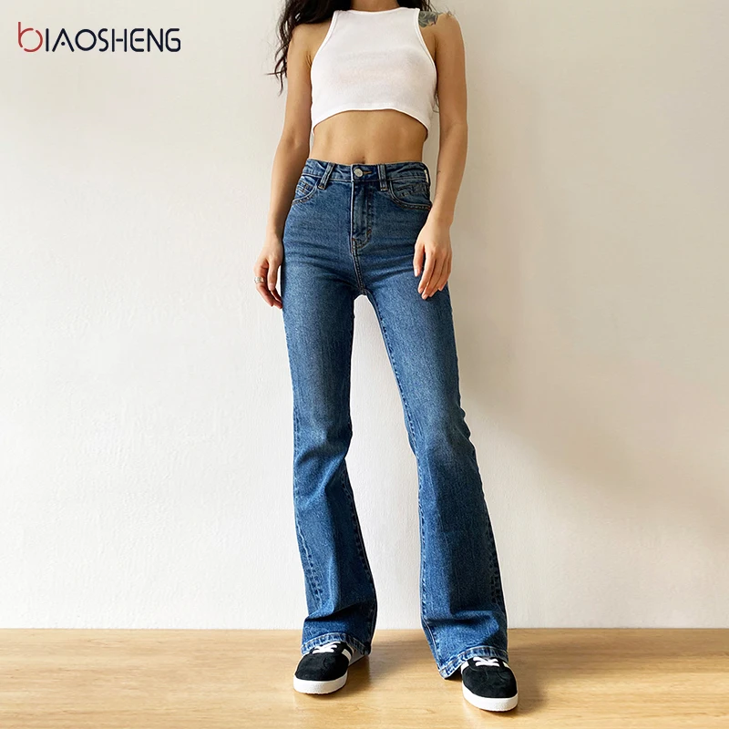 

BiaoSheng Flared Jeans Woman High Waist Denim Trousers For Female Blue Elastic Skinny Fashion Classic Oversize Wide Leg Pants