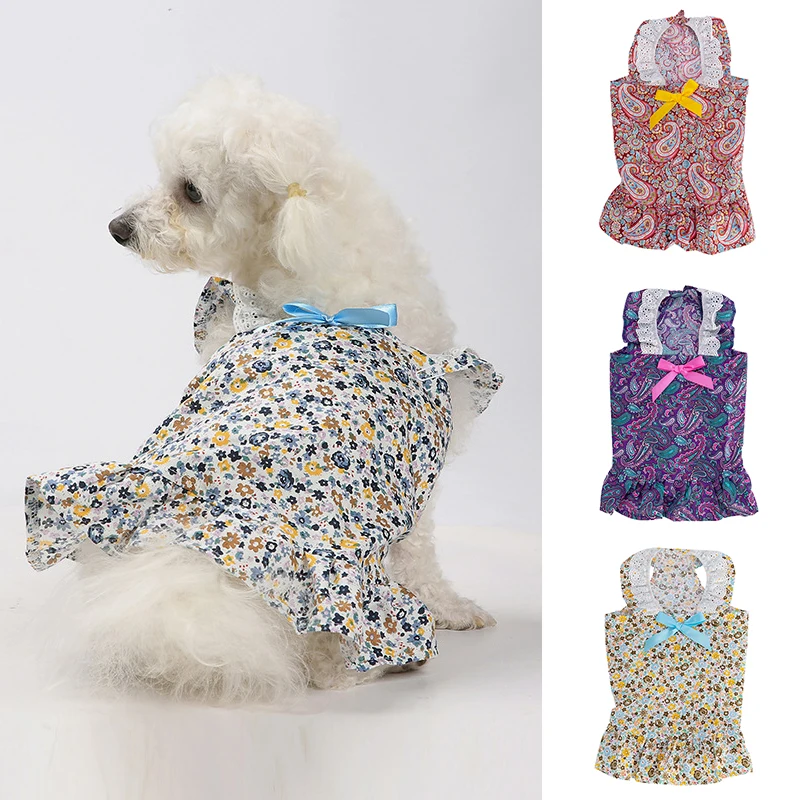 

floral Print Dog Dress Summer Sling Pet Clothes Bowknot Skirt For Puppy Cat Clothing Vest Dresses Cool Outfit For Small Dogs