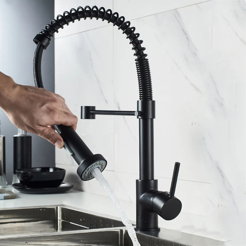 

Deck Mounted Flexible Kitchen Faucets Pull Out Mixer Tap Black Hot Cold Kitchen Faucet Spring Style with Spray Mixers Taps E9009