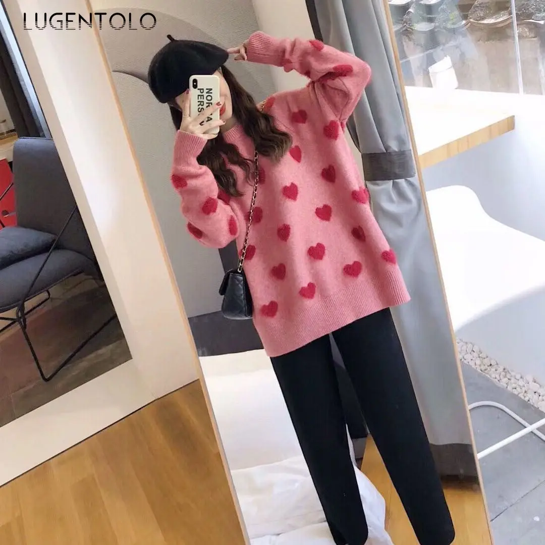 

Lugentolo Women Sweater Autumn Winter New Lovely Fluff Pullover Loose All-match Casual Cozy O-Neck Lady Knitted Base Sweaters