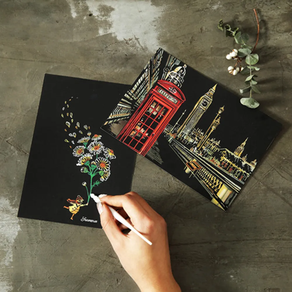 

4pc 20X14CM DIY Colorful Night View Scraping Painting Magic Scratch Art Painting Paper Manual Drawing Toys Kids Education Toys