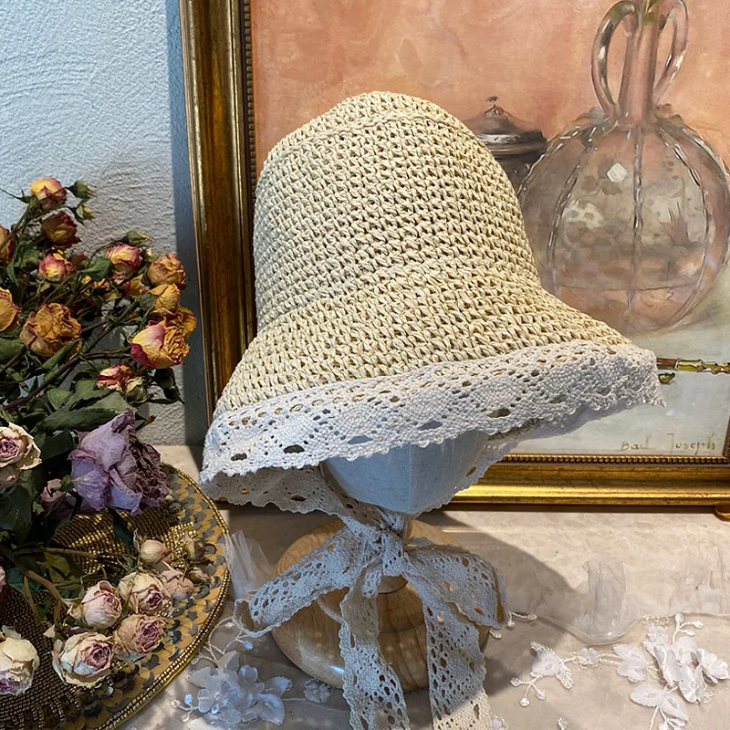 

Vintage Victorian Lolita Foldable Lace Trim Straw Hat, Summer Woven Bow Retro Sun Hat Floppy Brimmed Women Girl Straw Bucket Cap