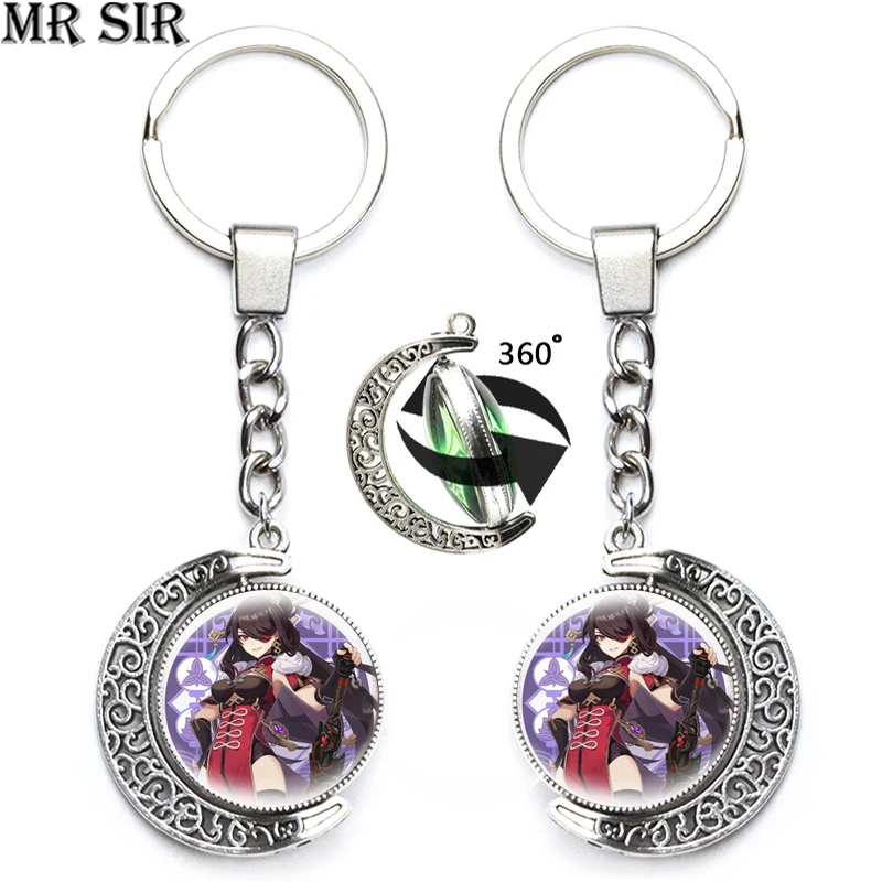 

Anime Genshin Impact Keychain Diluc Venti Klee Keqing Qiqi Game Key Chains 360 Degrees Rotated Double Sided Moon Pendant Keyring